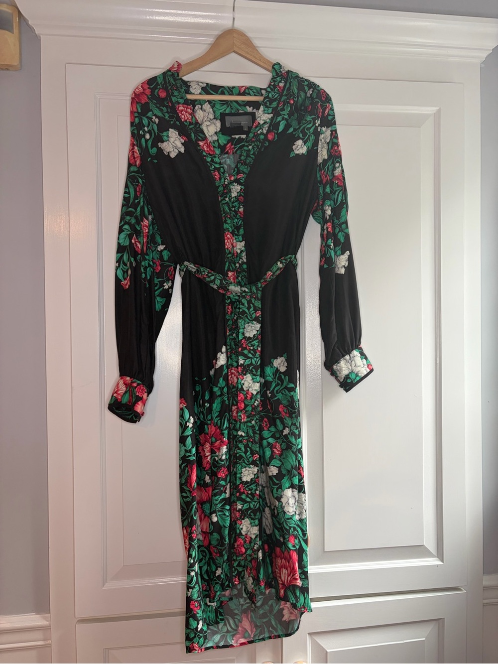 Anthropologie Black Floral Tie-Waist Midi Dress with Green and Red Print